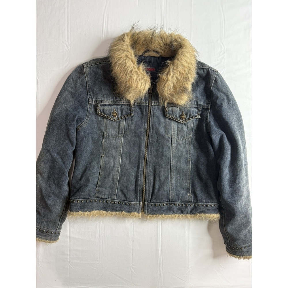 Vintage 2000s Faded Glory Faux Fur Denim Trucker Jacket Youth L Studded Trim Y2K